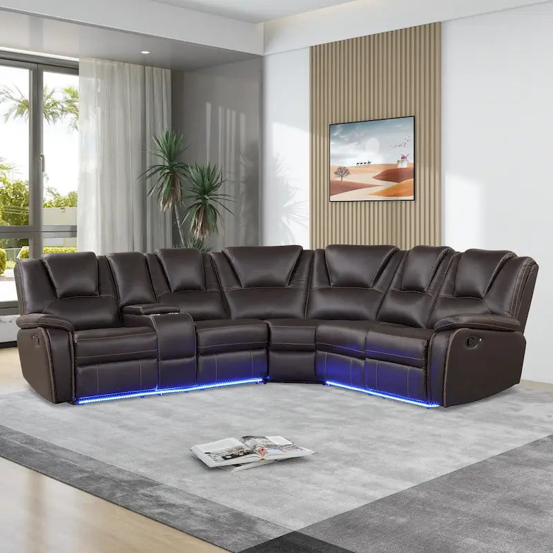 Ensemble de meubles de salon en similicuir moderne inclinable manuellement avec console centrale avec bande lumineuse LED, canapé symétrique en PU