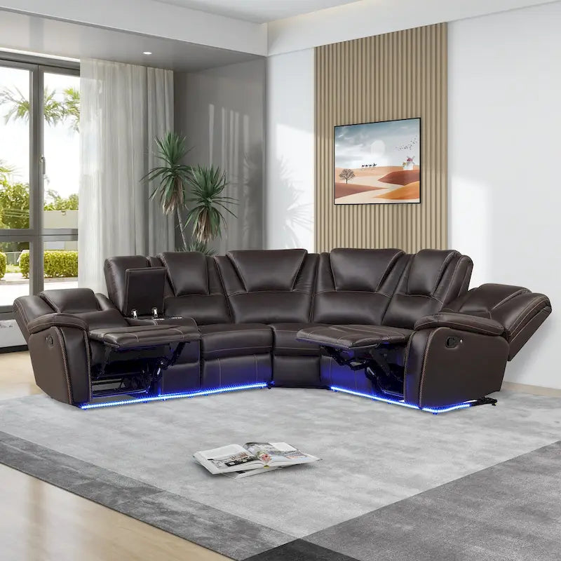 Ensemble de meubles de salon en similicuir moderne inclinable manuellement avec console centrale avec bande lumineuse LED, canapé symétrique en PU