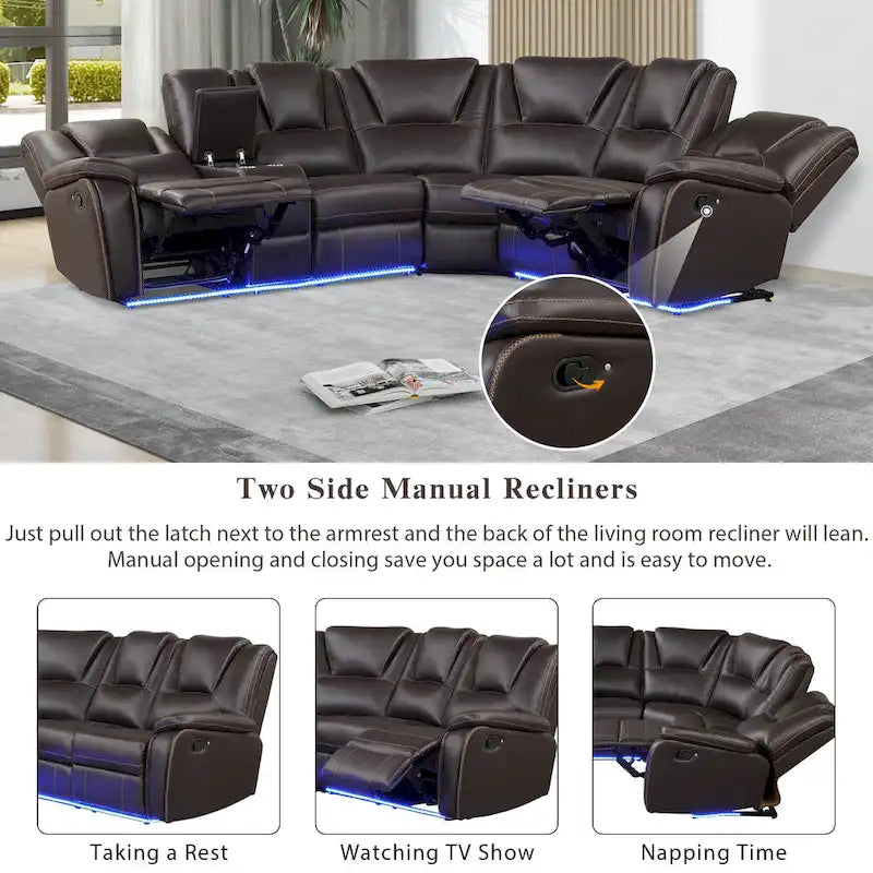 Ensemble de meubles de salon en similicuir moderne inclinable manuellement avec console centrale avec bande lumineuse LED, canapé symétrique en PU