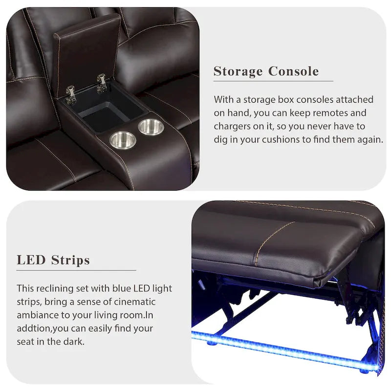 Ensemble de meubles de salon en similicuir moderne inclinable manuellement avec console centrale avec bande lumineuse LED, canapé symétrique en PU
