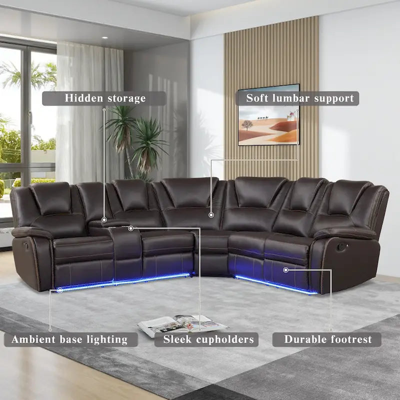 Ensemble de meubles de salon en similicuir moderne inclinable manuellement avec console centrale avec bande lumineuse LED, canapé symétrique en PU