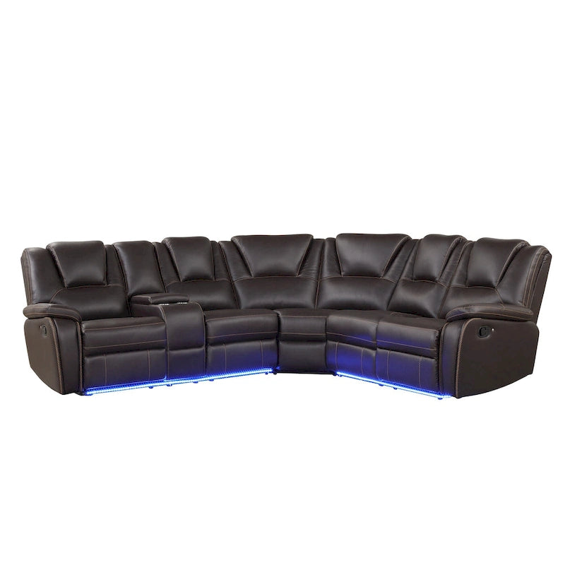 Ensemble de meubles de salon en similicuir moderne inclinable manuellement avec console centrale avec bande lumineuse LED, canapé symétrique en PU