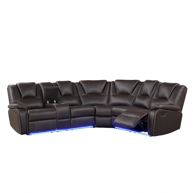 Ensemble de meubles de salon en similicuir moderne inclinable manuellement avec console centrale avec bande lumineuse LED, canapé symétrique en PU
