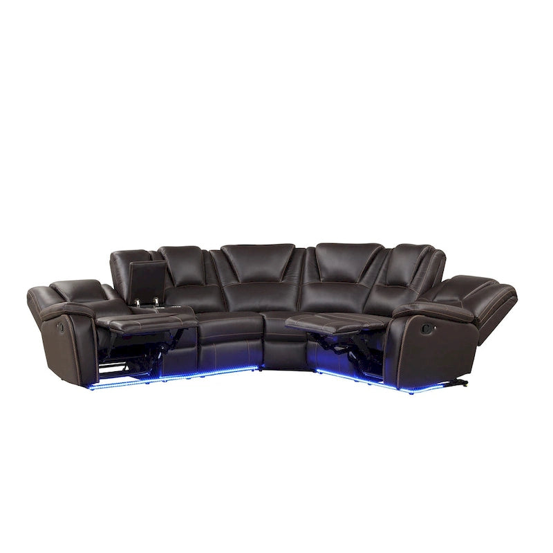 Ensemble de meubles de salon en similicuir moderne inclinable manuellement avec console centrale avec bande lumineuse LED, canapé symétrique en PU