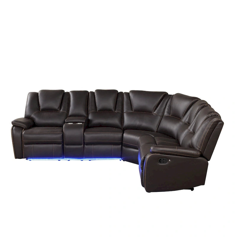 Ensemble de meubles de salon en similicuir moderne inclinable manuellement avec console centrale avec bande lumineuse LED, canapé symétrique en PU
