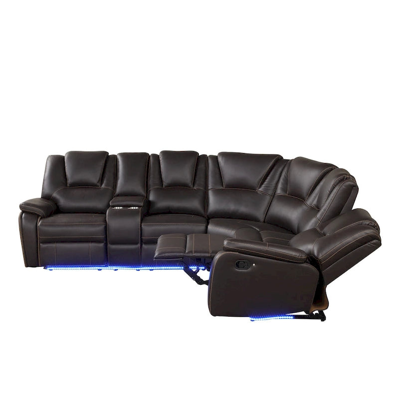 Ensemble de meubles de salon en similicuir moderne inclinable manuellement avec console centrale avec bande lumineuse LED, canapé symétrique en PU