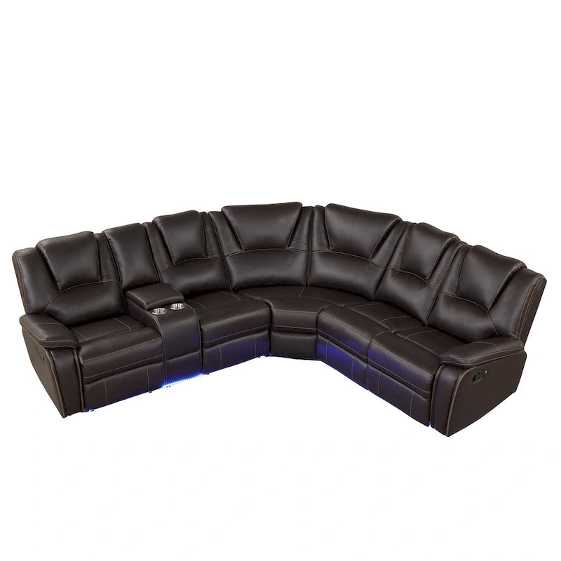Ensemble de meubles de salon en similicuir moderne inclinable manuellement avec console centrale avec bande lumineuse LED, canapé symétrique en PU