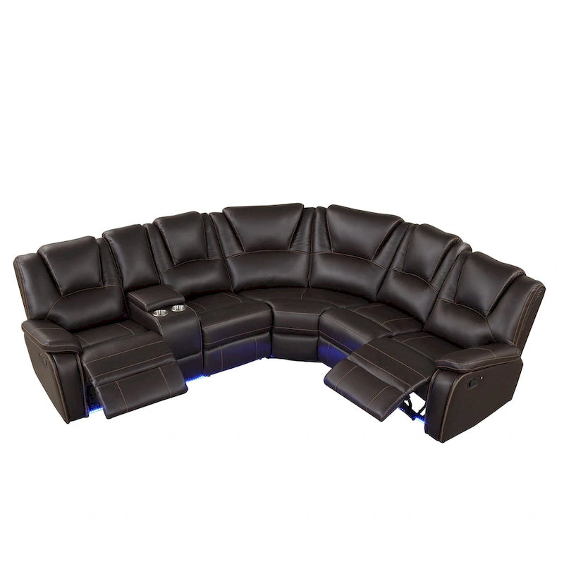 Ensemble de meubles de salon en similicuir moderne inclinable manuellement avec console centrale avec bande lumineuse LED, canapé symétrique en PU
