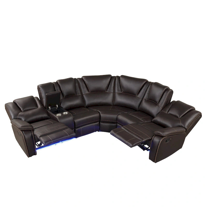 Ensemble de meubles de salon en similicuir moderne inclinable manuellement avec console centrale avec bande lumineuse LED, canapé symétrique en PU
