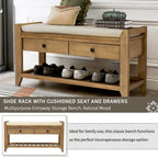 Étagère à chaussures en bois massif de 99 cm avec siège rembourré et tiroirs, banc de rangement multifonctionnel pour entrée, ottoman pour salon, couloir