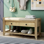 Étagère à chaussures en bois massif de 99 cm avec siège rembourré et tiroirs, banc de rangement multifonctionnel pour entrée, ottoman pour salon, couloir