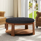 Table basse ronde moderne à 2 niveaux, pouf capitonné avec étagère de rangement en bois, rembourré et à roulettes pour salon