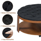 Table basse ronde moderne à 2 niveaux, pouf capitonné avec étagère de rangement en bois, rembourré et à roulettes pour salon