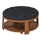 Table basse ronde moderne à 2 niveaux, pouf capitonné avec étagère de rangement en bois, rembourré et à roulettes pour salon