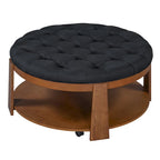 Table basse ronde moderne à 2 niveaux, pouf capitonné avec étagère de rangement en bois, rembourré et à roulettes pour salon