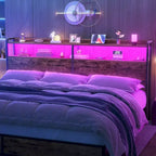 Tête de lit avec tiroirs de rangement et lumière LED, Tête de lit avec prises, ports USB