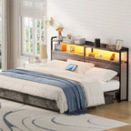 Tête de lit avec tiroirs de rangement et lumière LED, Tête de lit avec prises, ports USB