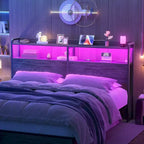 Tête de lit avec tiroirs de rangement et lumière LED, Tête de lit avec prises, ports USB