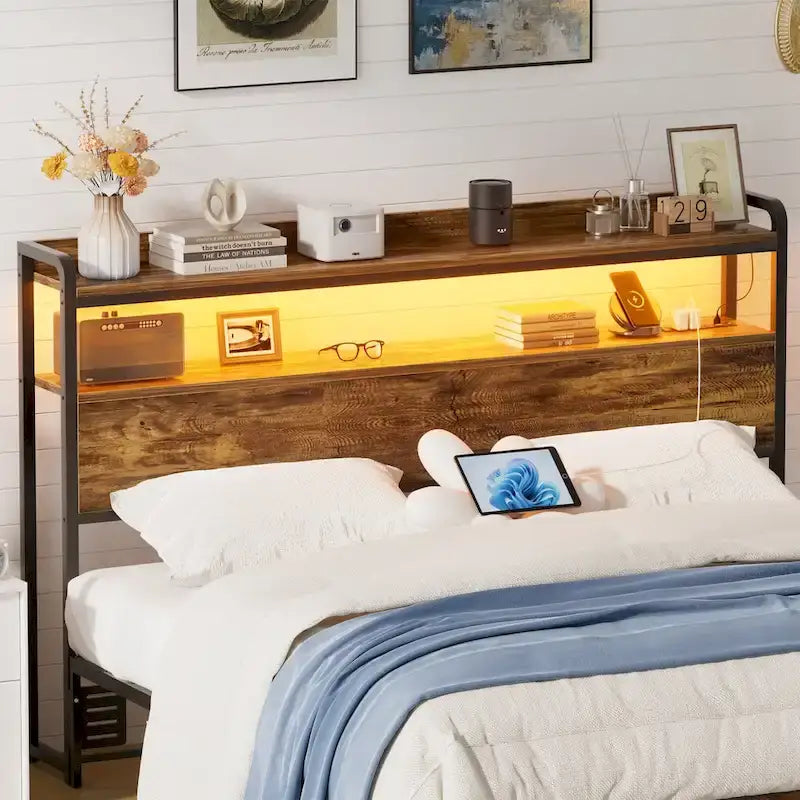 Tête de lit avec tiroirs de rangement et lumière LED, Tête de lit avec prises, ports USB