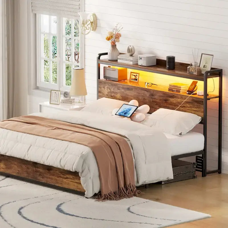 Tête de lit avec tiroirs de rangement et lumière LED, Tête de lit avec prises, ports USB
