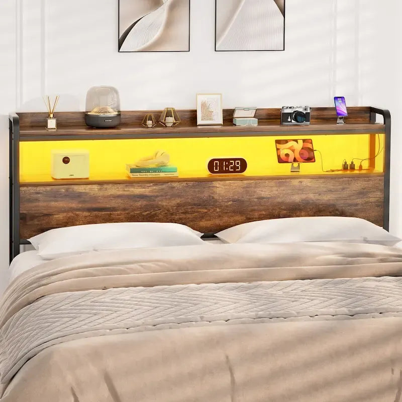 Tête de lit avec tiroirs de rangement et lumière LED, Tête de lit avec prises, ports USB