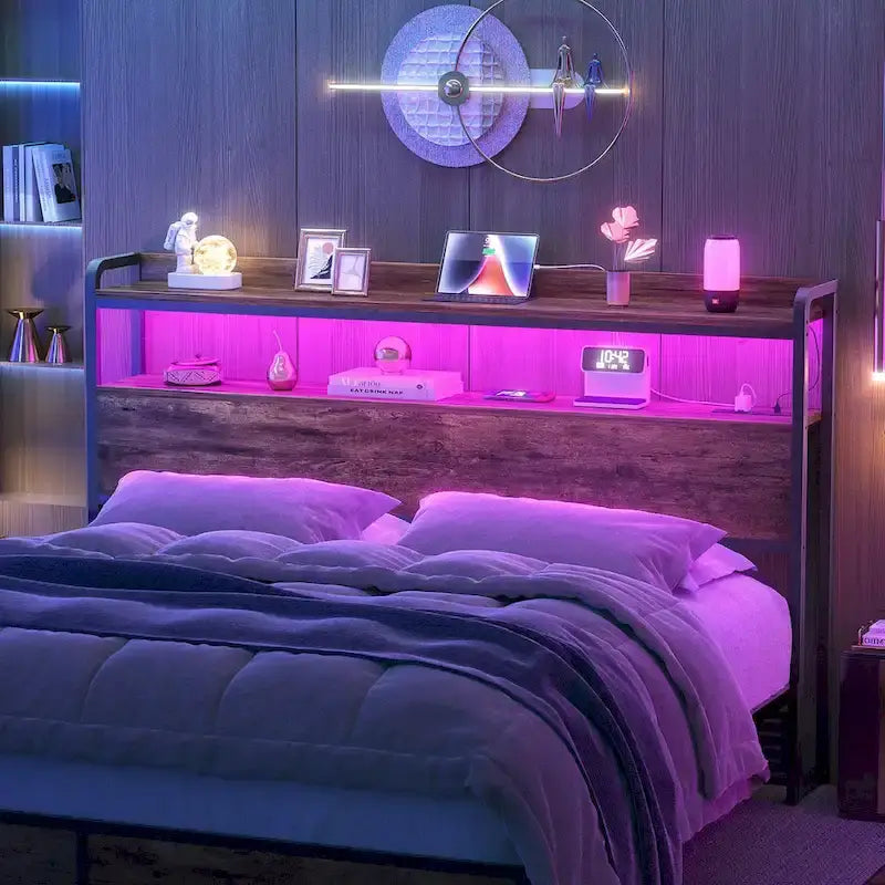 Tête de lit avec tiroirs de rangement et lumière LED, Tête de lit avec prises, ports USB