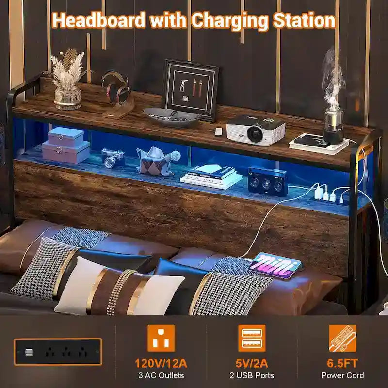 Tête de lit avec tiroirs de rangement et lumière LED, Tête de lit avec prises, ports USB