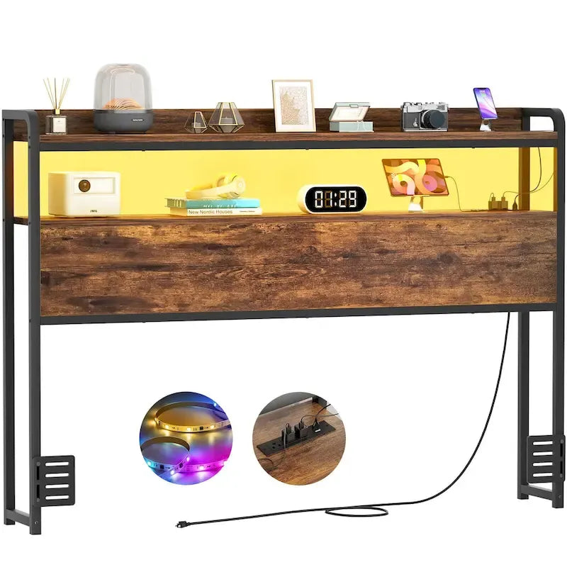 Tête de lit avec tiroirs de rangement et lumière LED, Tête de lit avec prises, ports USB