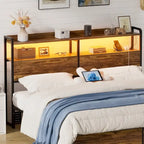Tête de lit avec tiroirs de rangement et lumière LED, Tête de lit avec prises, ports USB