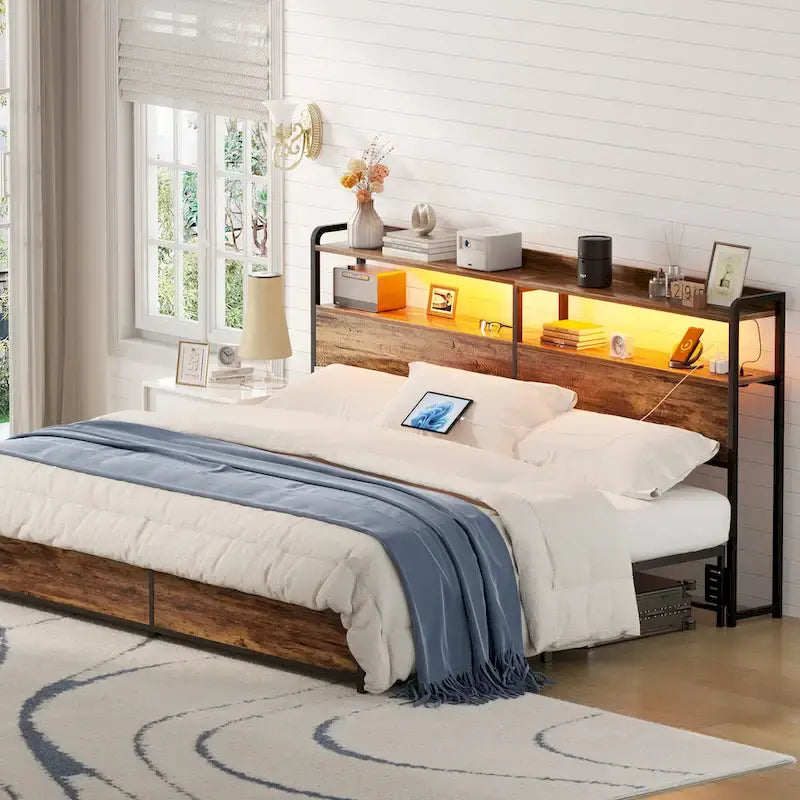Tête de lit avec tiroirs de rangement et lumière LED, Tête de lit avec prises, ports USB