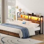 Tête de lit avec tiroirs de rangement et lumière LED, Tête de lit avec prises, ports USB