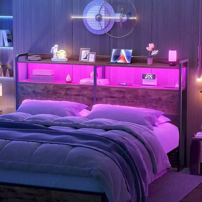 Tête de lit avec tiroirs de rangement et lumière LED, Tête de lit avec prises, ports USB