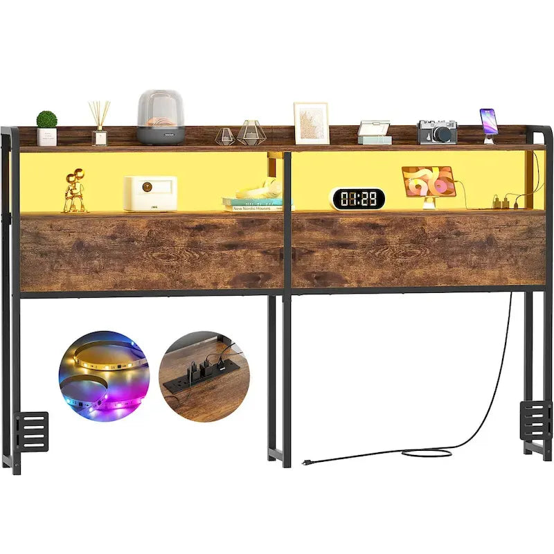 Tête de lit avec tiroirs de rangement et lumière LED, Tête de lit avec prises, ports USB