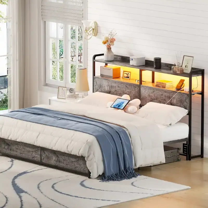 Tête de lit avec tiroirs de rangement et lumière LED, Tête de lit avec prises, ports USB
