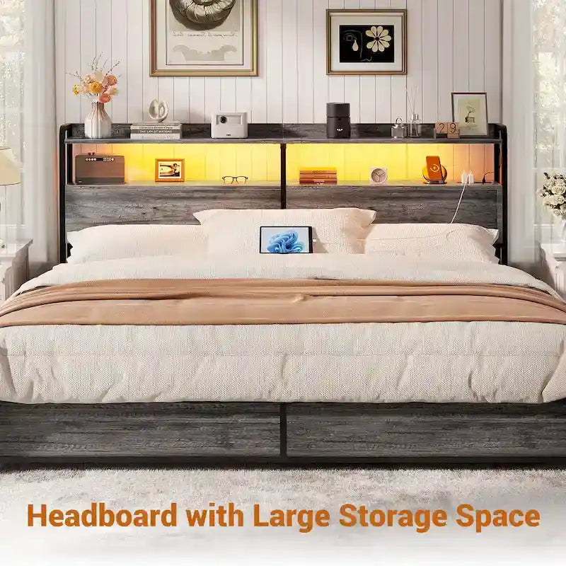 Tête de lit avec tiroirs de rangement et lumière LED, Tête de lit avec prises, ports USB