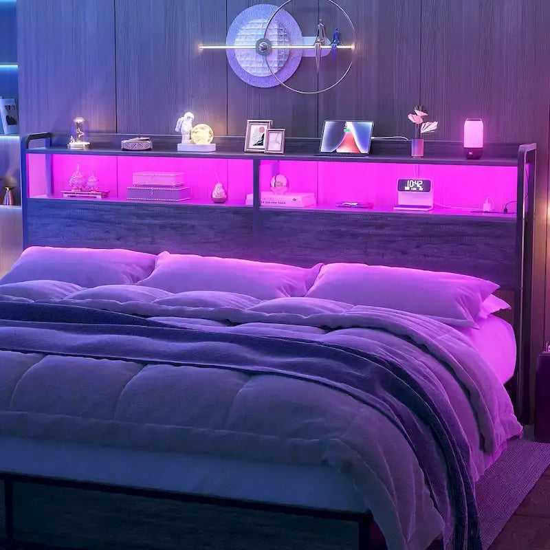 Tête de lit avec tiroirs de rangement et lumière LED, Tête de lit avec prises, ports USB