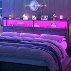 Tête de lit avec tiroirs de rangement et lumière LED, Tête de lit avec prises, ports USB