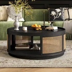 Table basse moderne en bois Mid-Century de 36,8 po, table basse ronde en rotin PE