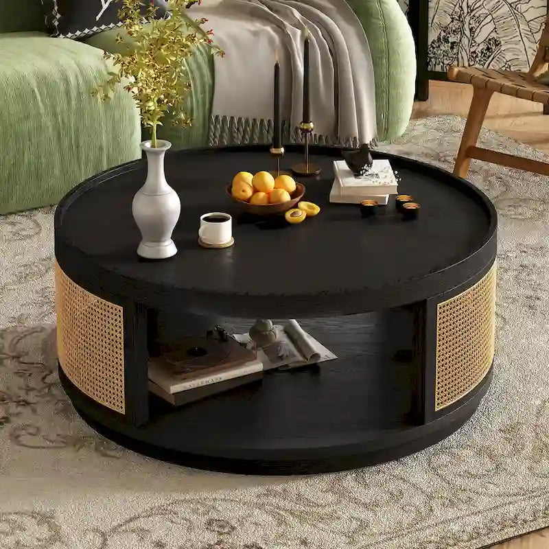 Table basse moderne en bois Mid-Century de 36,8 po, table basse ronde en rotin PE