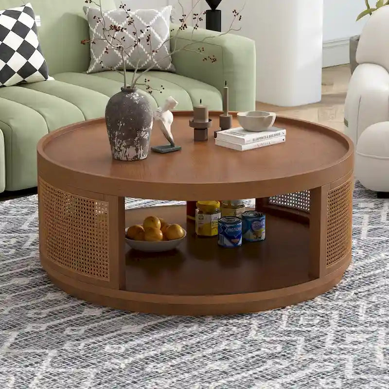 Table basse moderne en bois Mid-Century de 36,8 po, table basse ronde en rotin PE