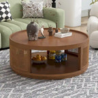 Table basse moderne en bois Mid-Century de 36,8 po, table basse ronde en rotin PE