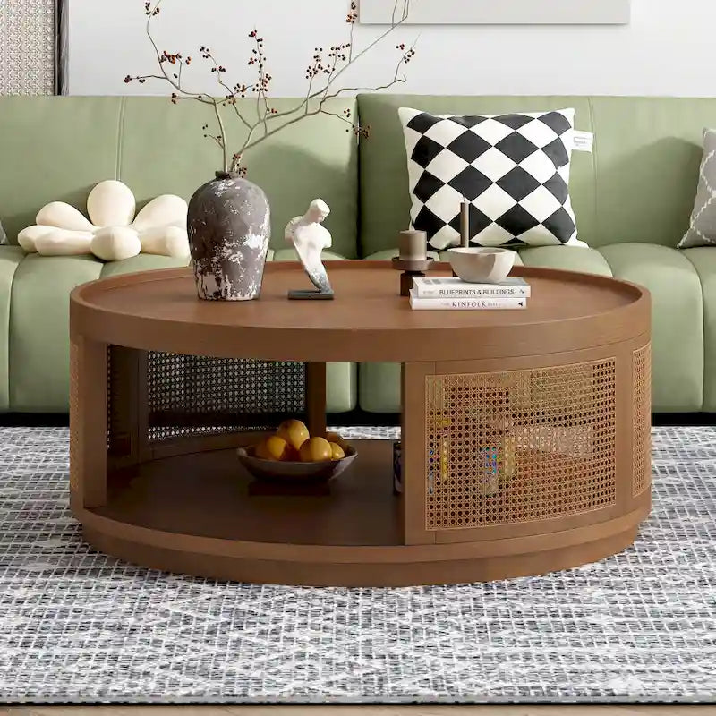 Table basse moderne en bois Mid-Century de 36,8 po, table basse ronde en rotin PE