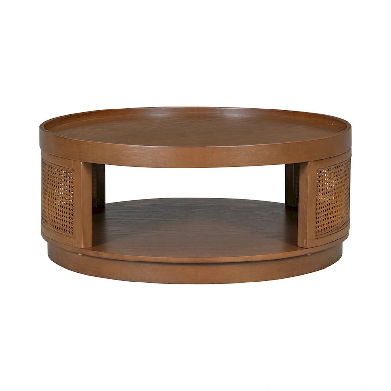 Table basse moderne en bois Mid-Century de 36,8 po, table basse ronde en rotin PE