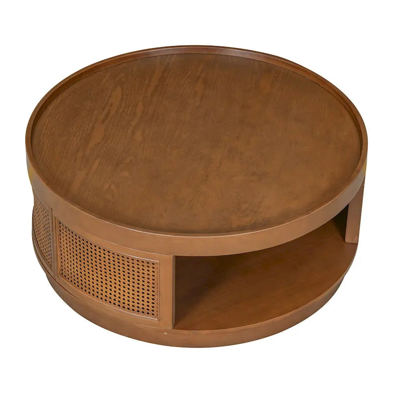 Table basse moderne en bois Mid-Century de 36,8 po, table basse ronde en rotin PE