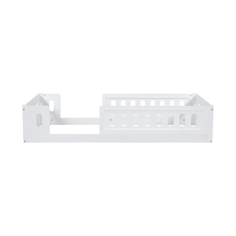 Lit plate-forme double en bois, blanc et au design moderne, avec garde-corps pour chambre à coucher