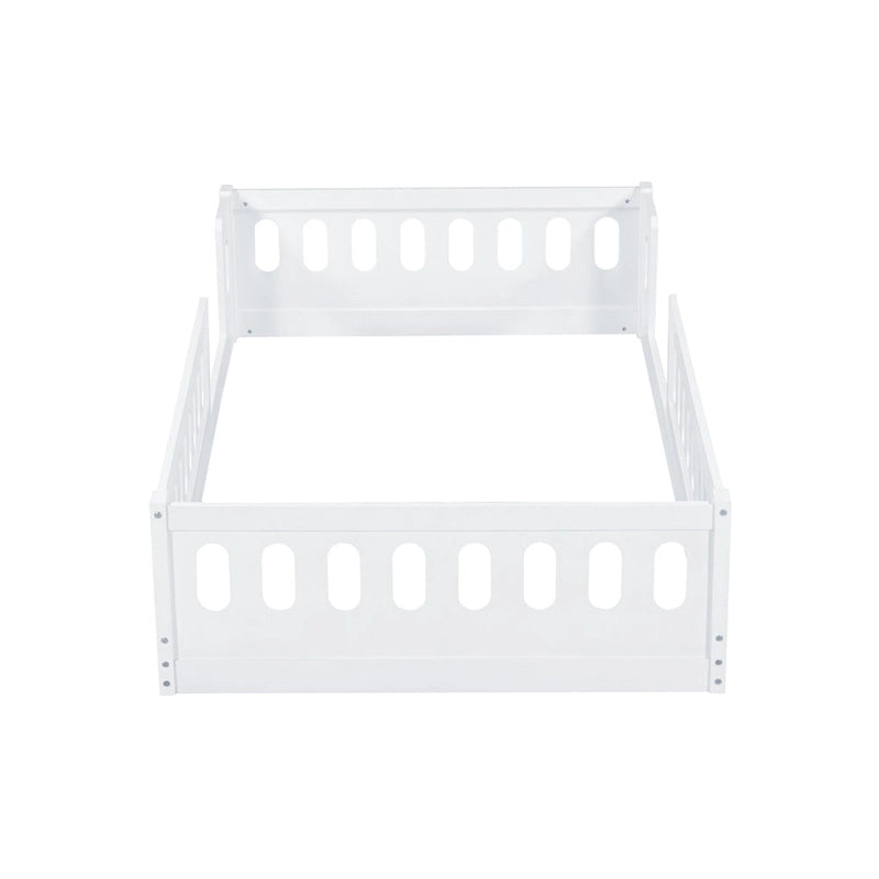 Lit plate-forme double en bois, blanc et au design moderne, avec garde-corps pour chambre à coucher
