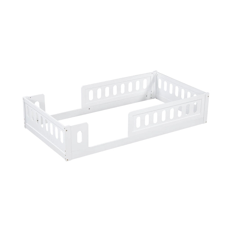 Lit plate-forme double en bois, blanc et au design moderne, avec garde-corps pour chambre à coucher