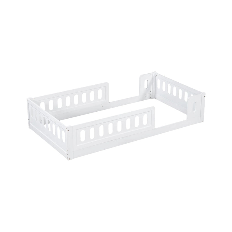 Lit plate-forme double en bois, blanc et au design moderne, avec garde-corps pour chambre à coucher