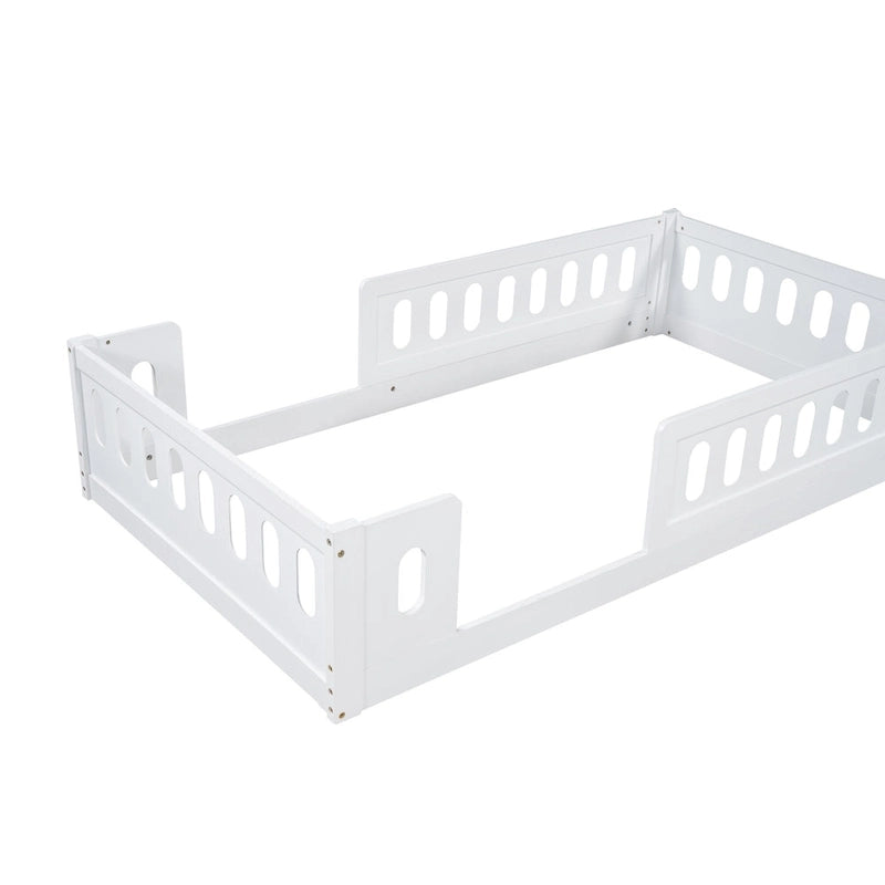 Lit plate-forme double en bois, blanc et au design moderne, avec garde-corps pour chambre à coucher