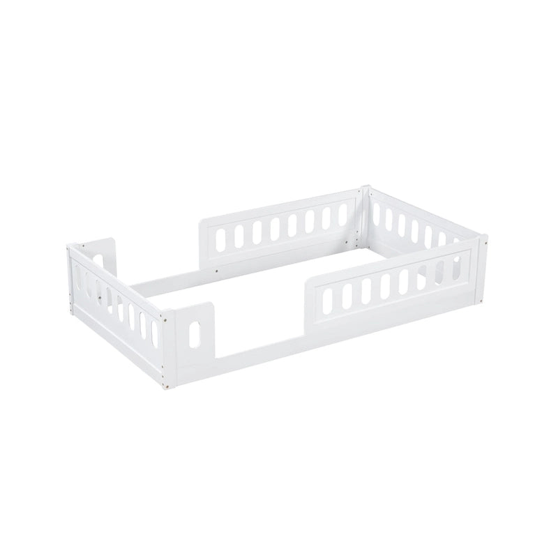 Lit plate-forme double en bois, blanc et au design moderne, avec garde-corps pour chambre à coucher